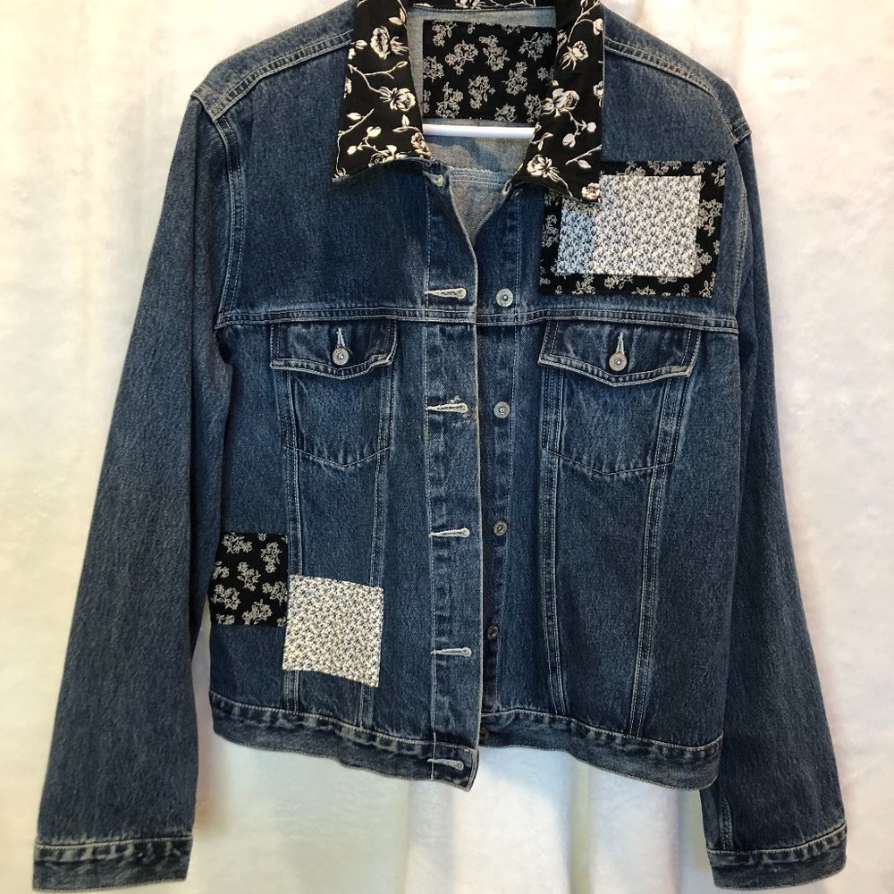 Up Cycled Denim Jacket Custom Patch Work Button Up - image 6